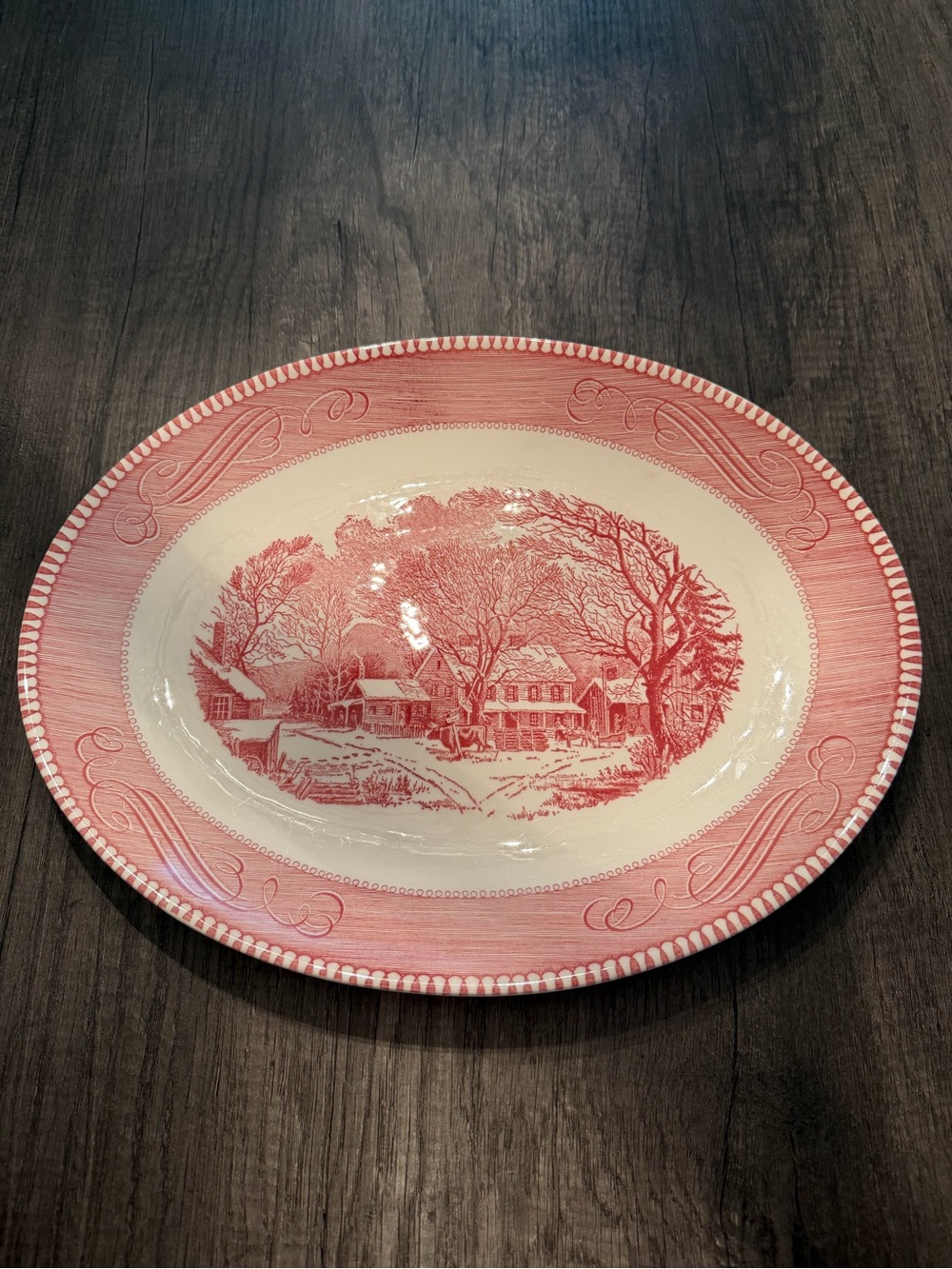 Currier & Ives vintage pink & white serving dish red & white winter scene